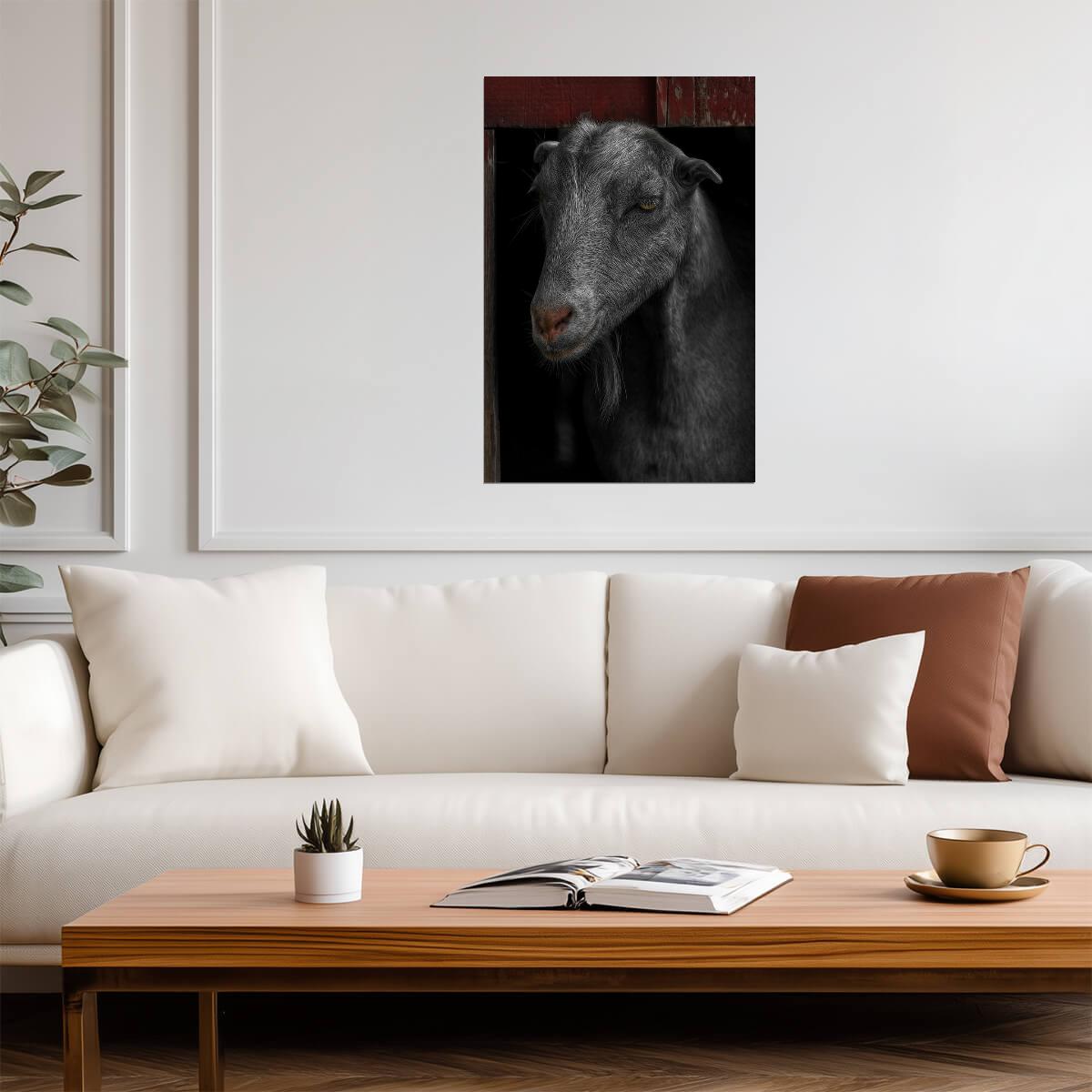 Goat in a Red Barn Portrait | Farm Animal Photography | Rustic Decor Poster - Photography Poster