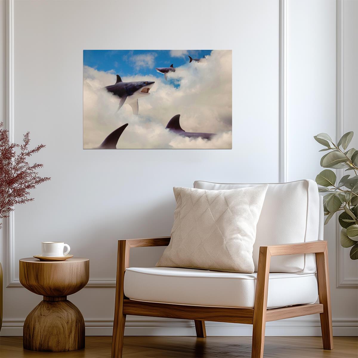 Sharks Floating in the Clouds | Surreal Art Print | Whimsical Animal Poster - Graphic & Art Poster