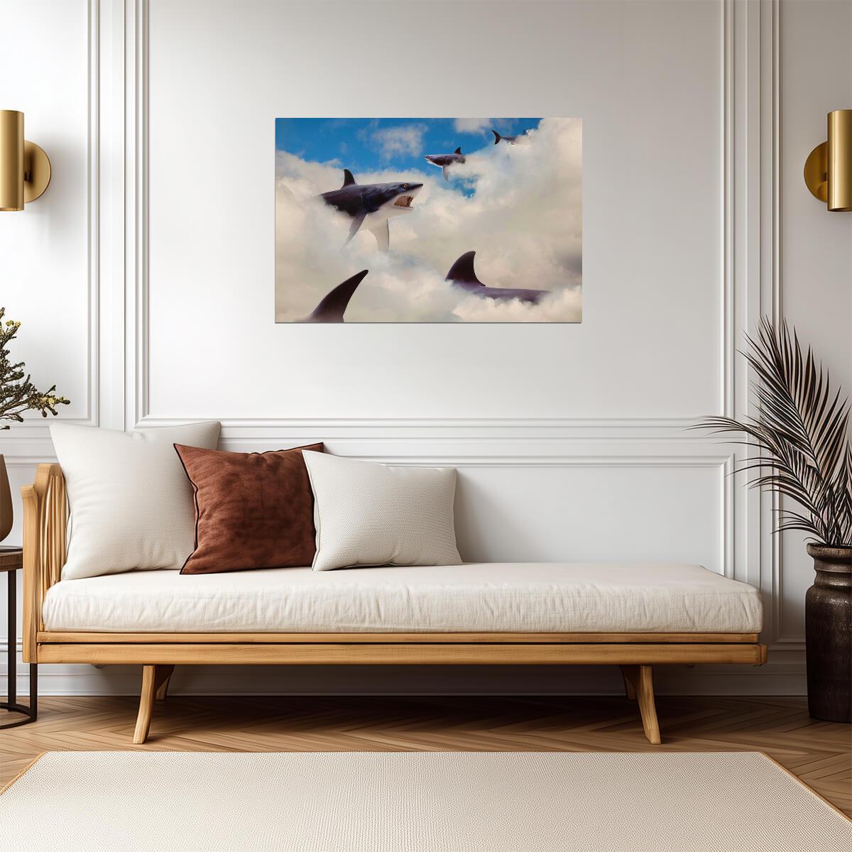 Sharks Floating in the Clouds | Surreal Art Print | Whimsical Animal Poster - Graphic & Art Poster