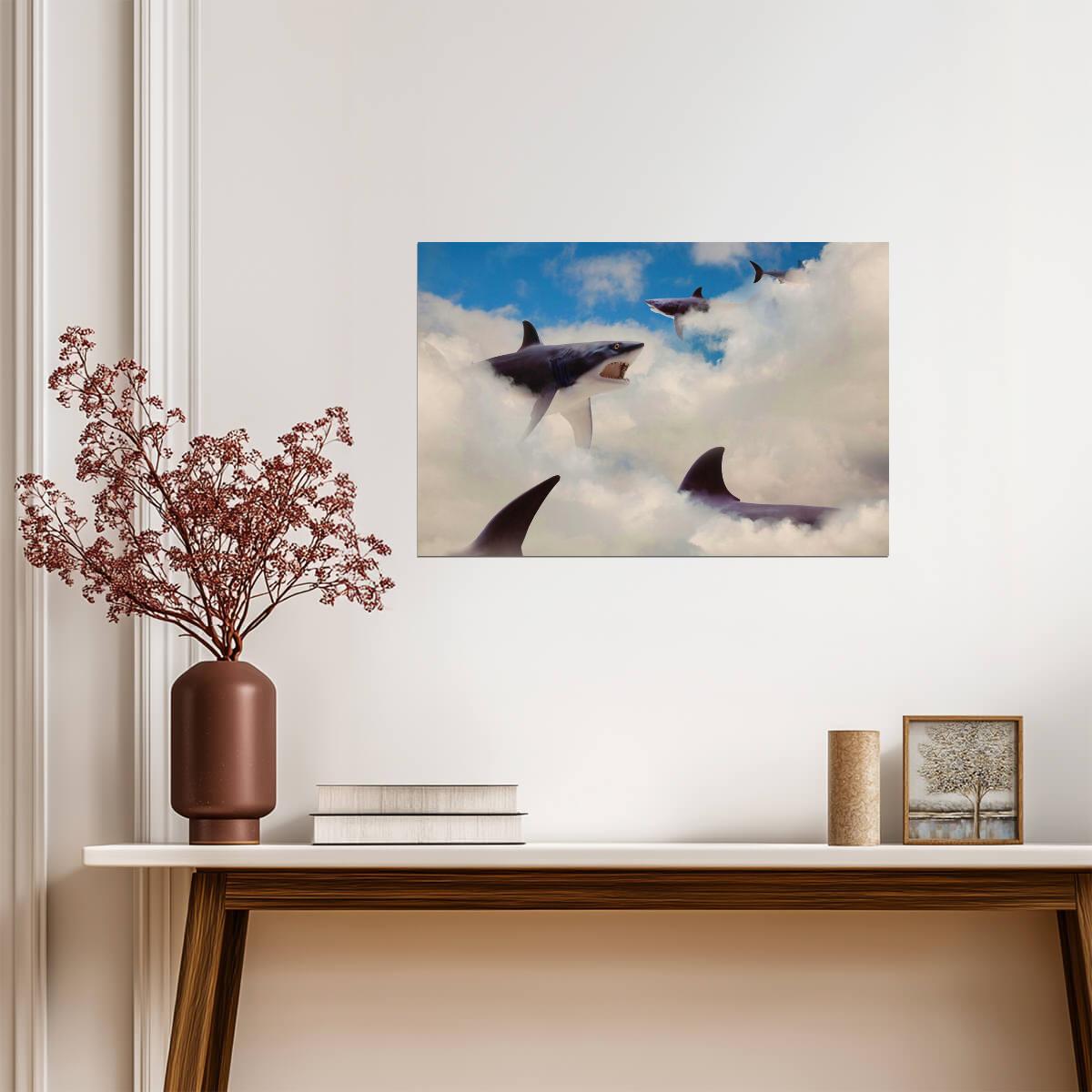 Sharks Floating in the Clouds | Surreal Art Print | Whimsical Animal Poster - Graphic & Art Poster