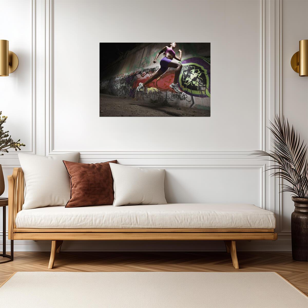 Woman Running Mid-Air on a Beach | Fitness Photography | Inspirational Sports Poster - Sports Poster