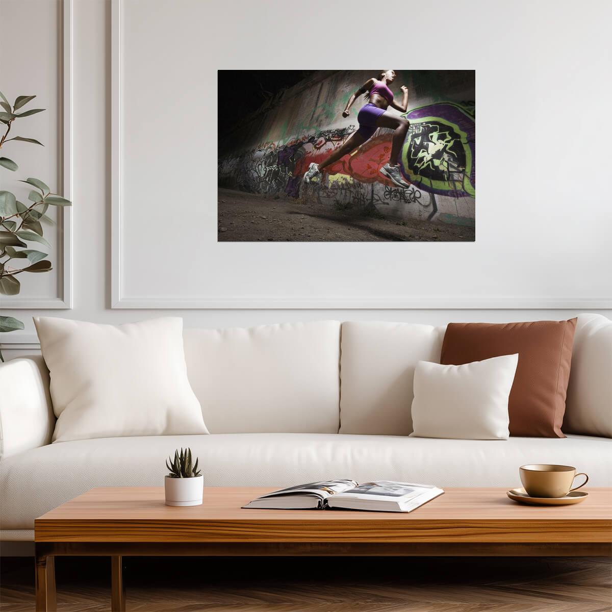 Woman Running Mid-Air on a Beach | Fitness Photography | Inspirational Sports Poster - Sports Poster