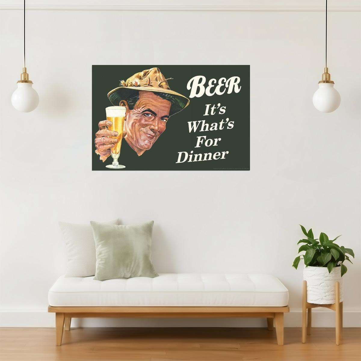 Beer It's What's For Dinner Poster | Funny Retro Humor | Kitchen & Bar Decor