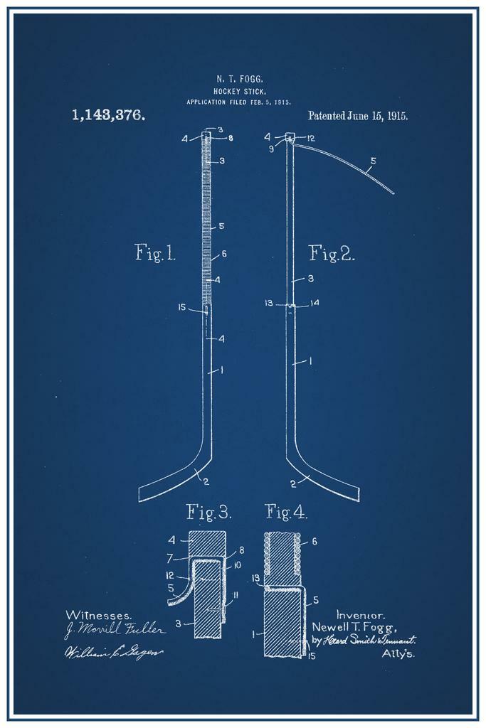 Vintage Hockey Stick Patent Blueprint | 1915 Sports Diagram | Ice Hockey Art Poster - Vintage & Retro Poster