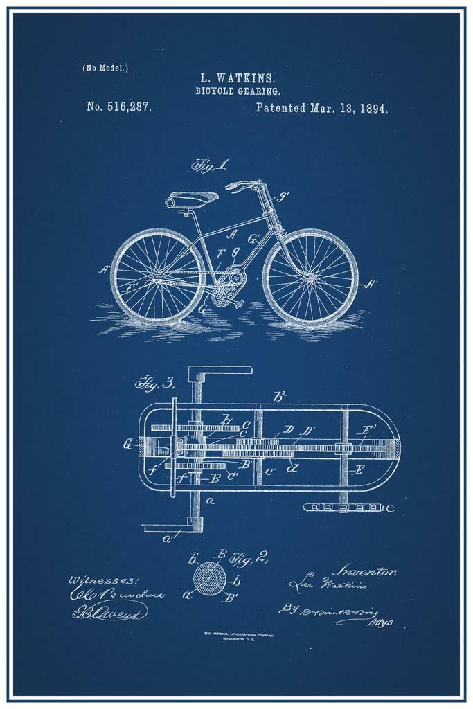 Bicycle Gearing Patent Blueprint | 1892 Cycling Tech Poster | Bike Enthusiast Wall Art - Vintage & Retro Poster