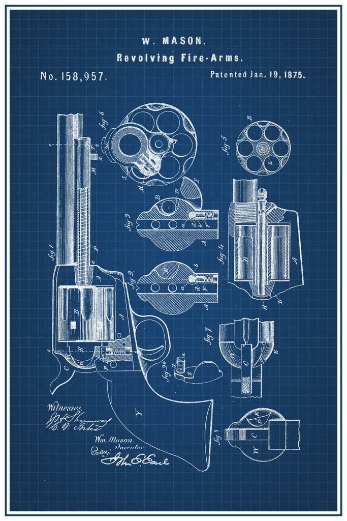 Revolver Firearm Patent Blueprint | 1875 W. Mason Gun Design | Western Wall Art Poster - Vintage & Retro Poster