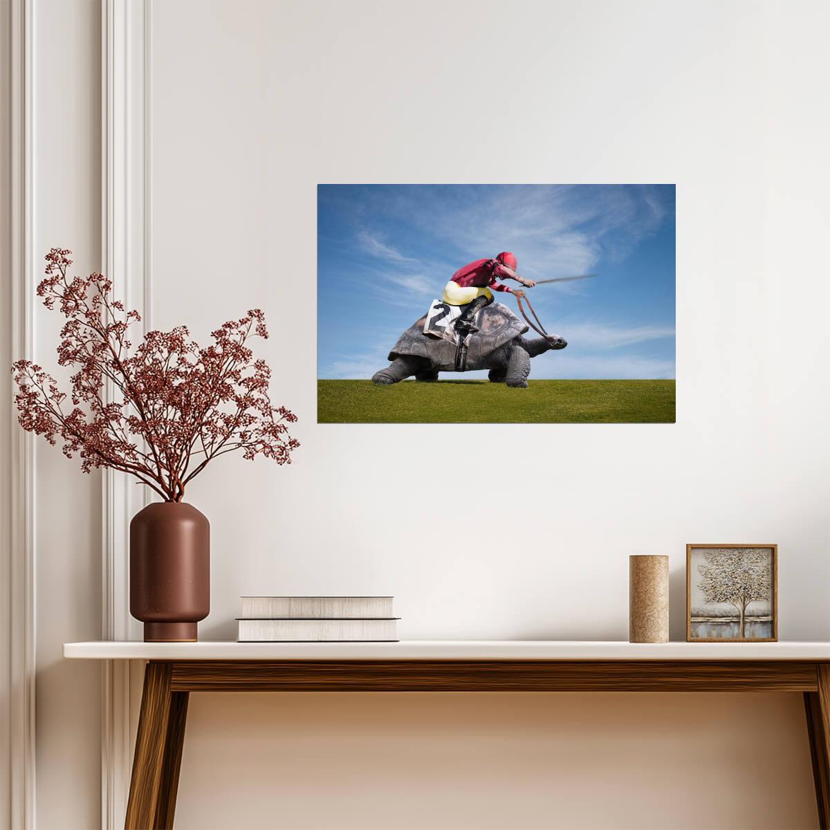 Jockey Riding On a Turtle | Surreal Sports Art Print | Funny Animal Poster - Sports Poster