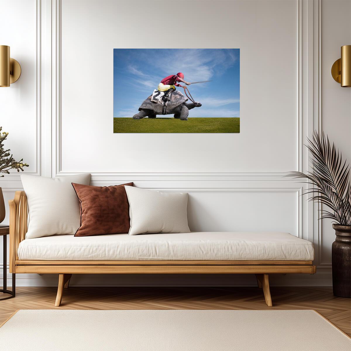 Jockey Riding On a Turtle | Surreal Sports Art Print | Funny Animal Poster - Sports Poster
