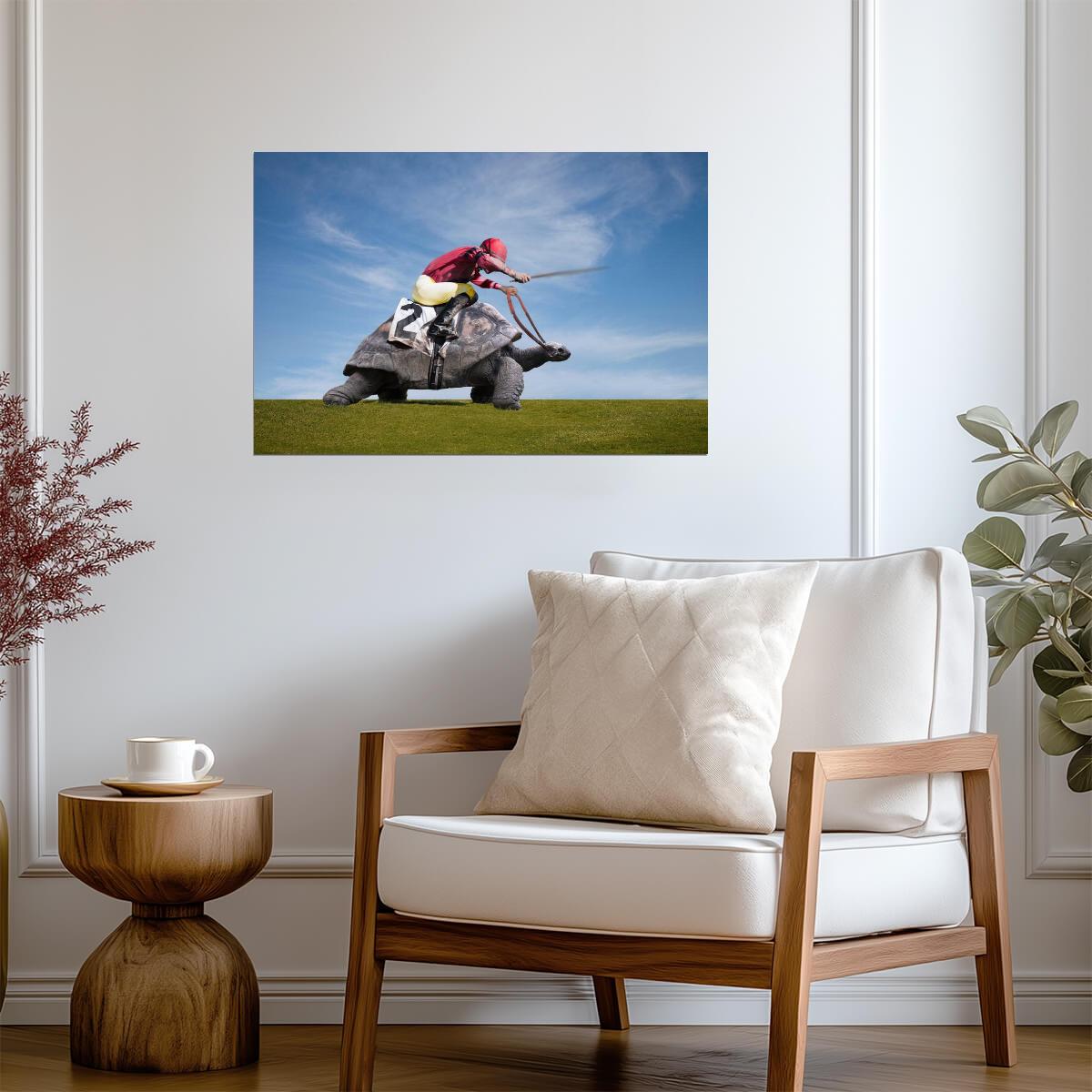 Jockey Riding On a Turtle | Surreal Sports Art Print | Funny Animal Poster - Sports Poster