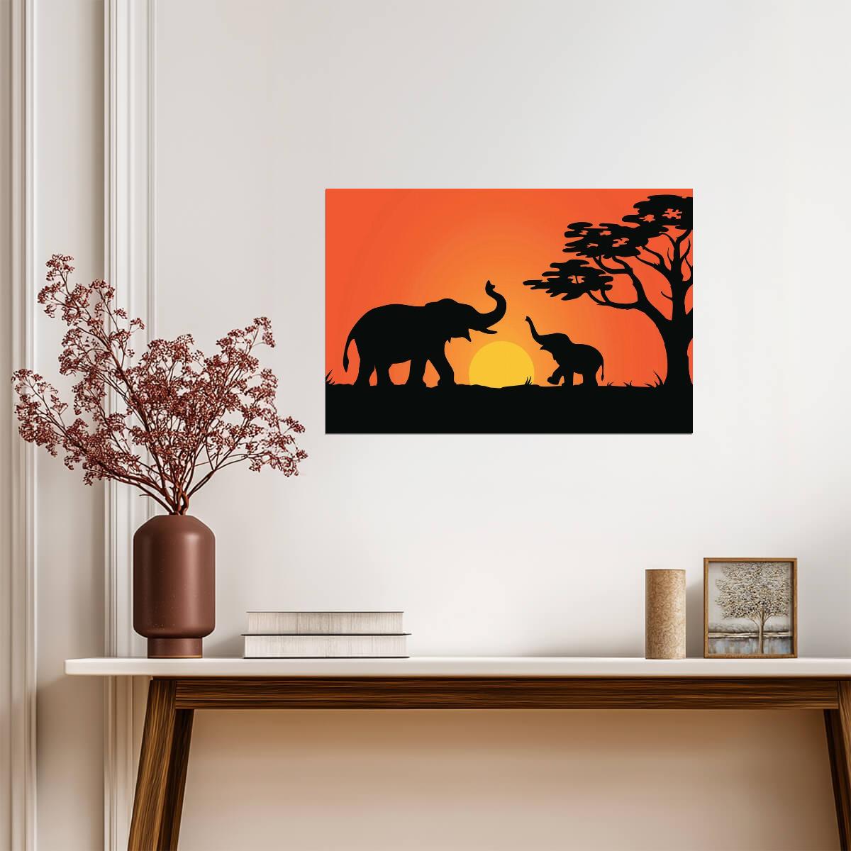Elephant Family at Sunset | Silhouette Illustration | Modern Wildlife Art Poster - Graphic & Art Poster