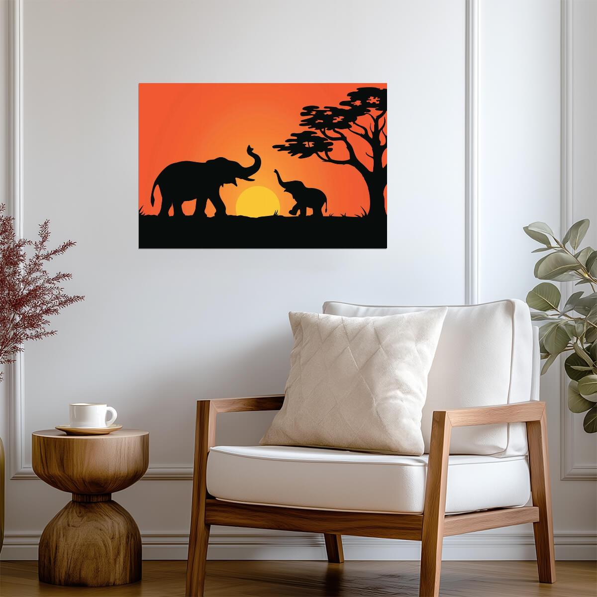Elephant Family at Sunset | Silhouette Illustration | Modern Wildlife Art Poster - Graphic & Art Poster