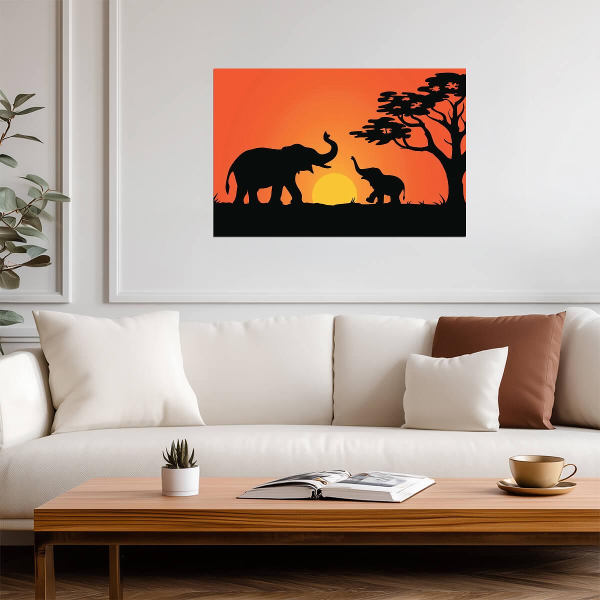 Elephant Family at Sunset | Silhouette Illustration | Modern Wildlife Art Poster - Graphic & Art Poster
