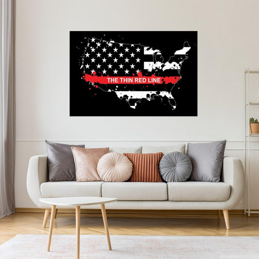 USA Map | Thin Red Line Flag Memorial Poster