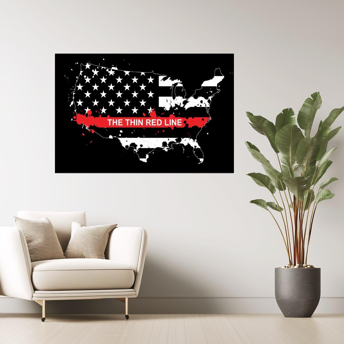 USA Map | Thin Red Line Flag Memorial Poster