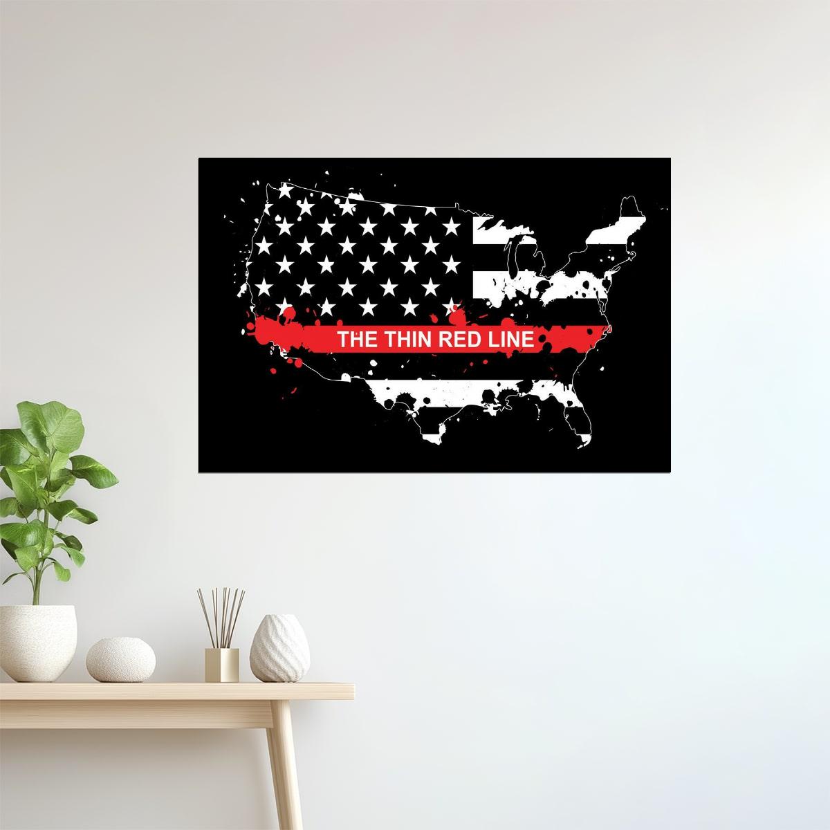 USA Map | Thin Red Line Flag Memorial Poster