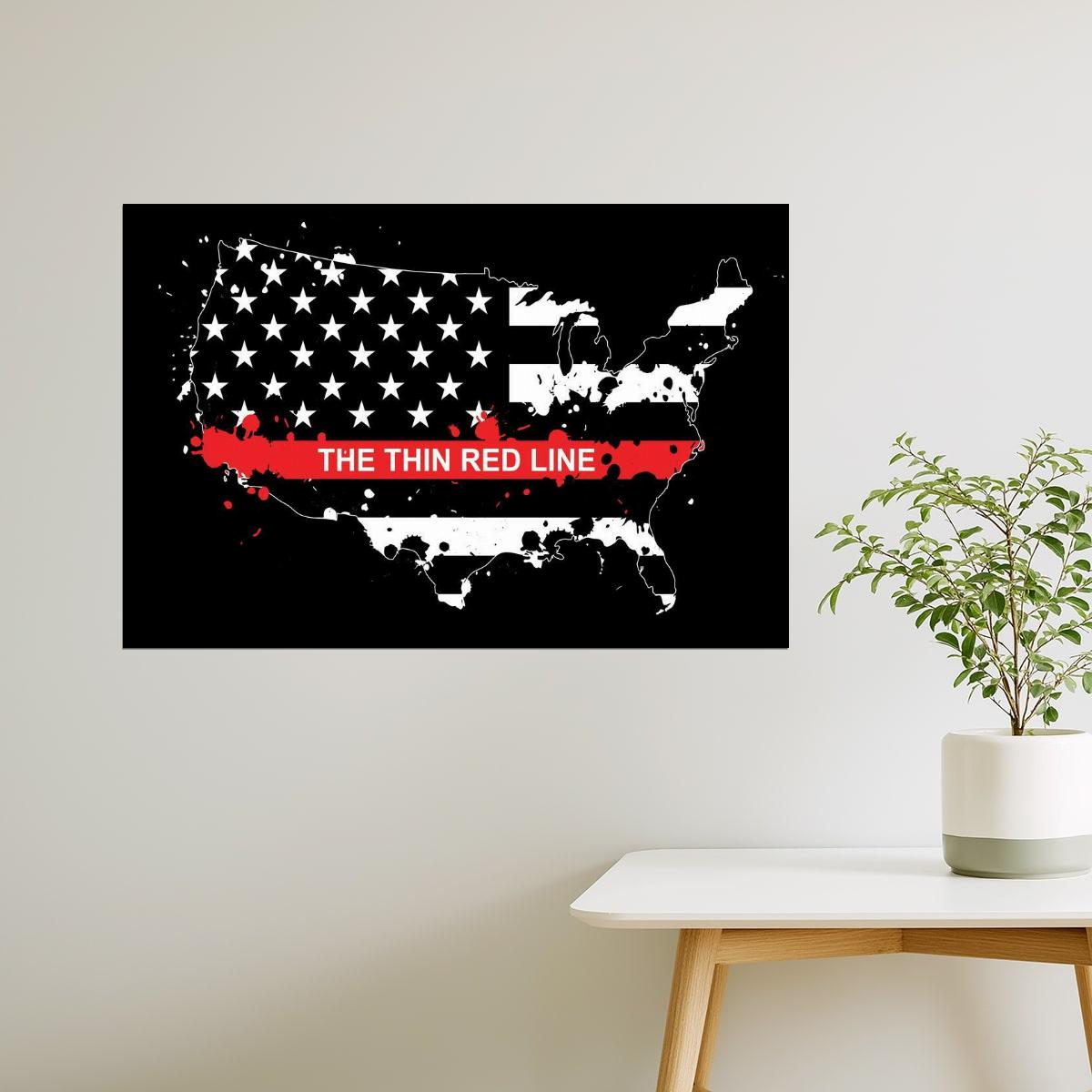 USA Map | Thin Red Line Flag Memorial Poster