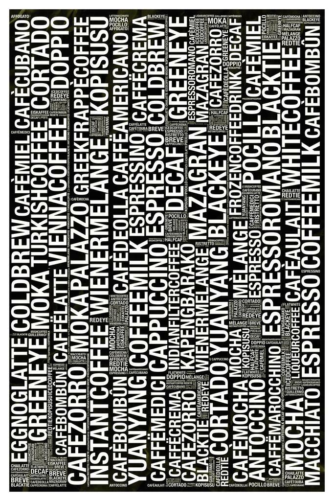 Coffee Themed Word Cloud | Black and White Typography Poster | Modern Kitchen Art Print - Type & Quotes Poster