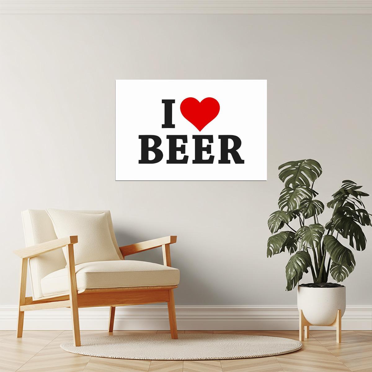 I Love Beer Poster | Simple White and Red Sign | Bar Wall Decor