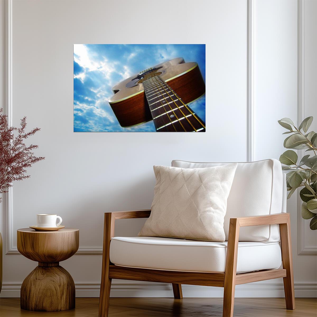 Acoustic Guitar Against a Blue Sky | Low Angle Photography | Music Art Poster - Photography Poster