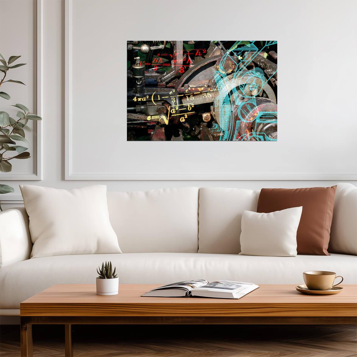 Abstract Engineering Collage | Machinery Blueprints and Physics Formulas | Industrial Art Poster - Graphic & Art Poster