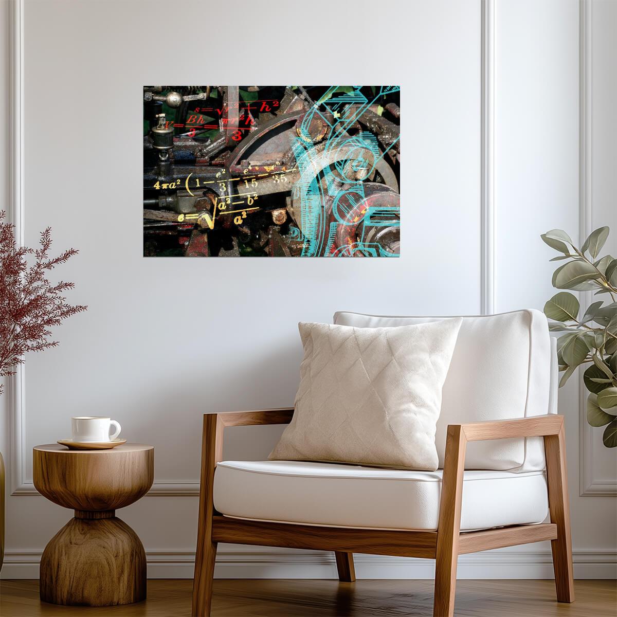 Abstract Engineering Collage | Machinery Blueprints and Physics Formulas | Industrial Art Poster - Graphic & Art Poster