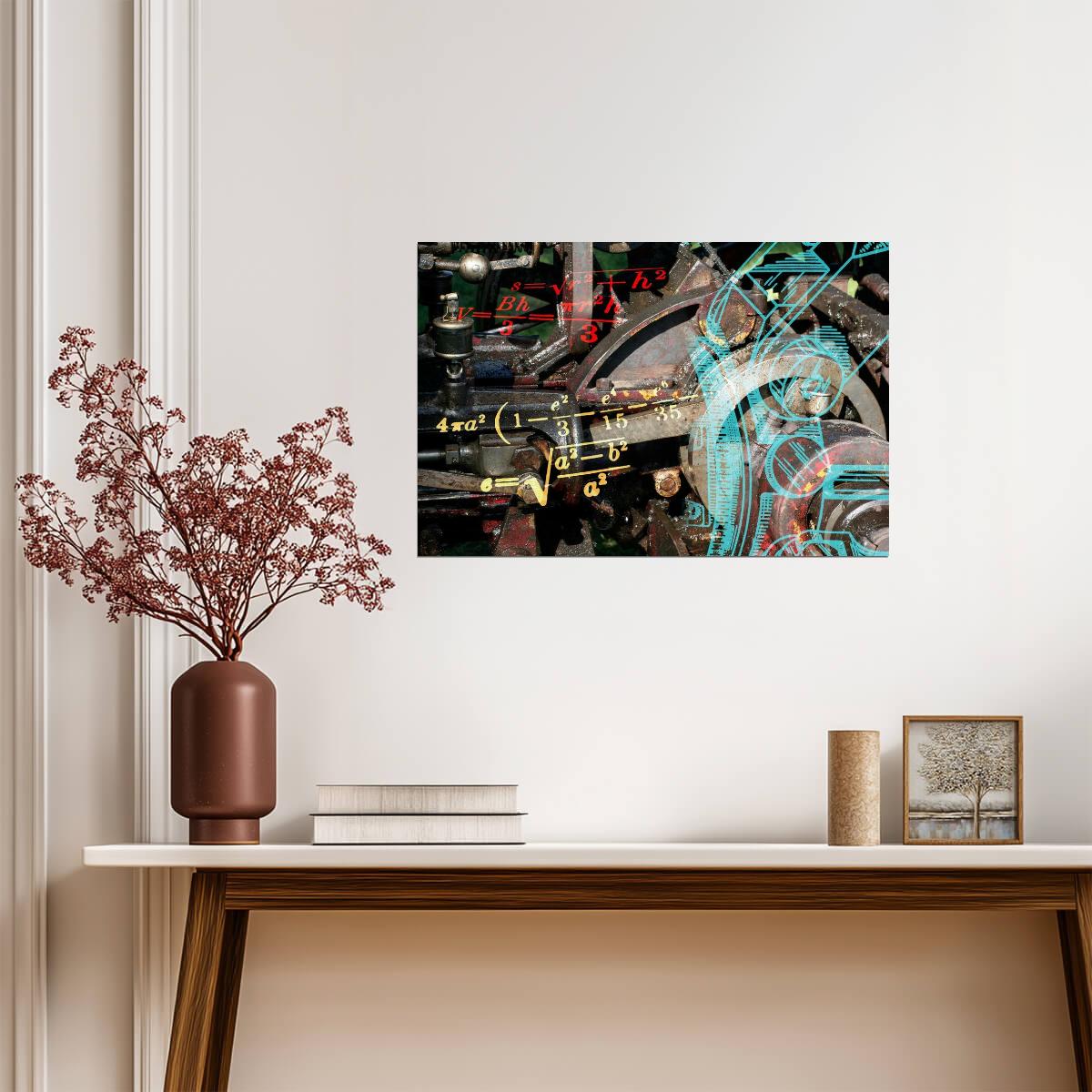 Abstract Engineering Collage | Machinery Blueprints and Physics Formulas | Industrial Art Poster - Graphic & Art Poster