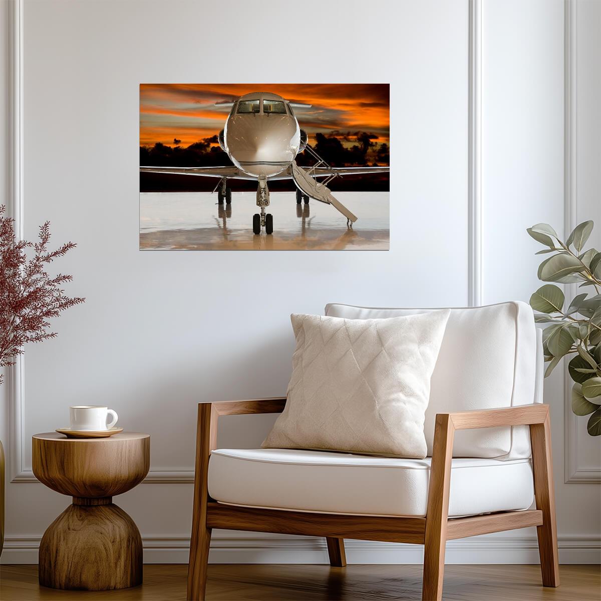 Private Jet at Sunset on a Runway | Aviation Photography | Luxury Travel Poster - Photography Poster