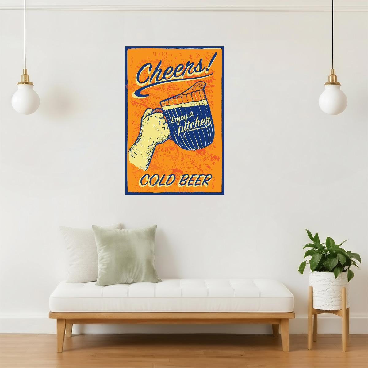 Cheers Cold Beer Pitcher Poster | Retro Bar Sign | Vintage Wall Art