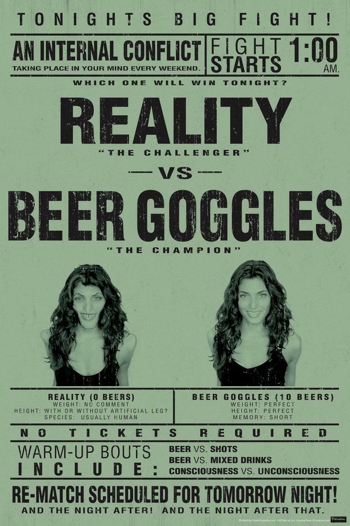 Reality Vs. Beer Goggles Poster | Funny College Humor | Man Cave Wall Art