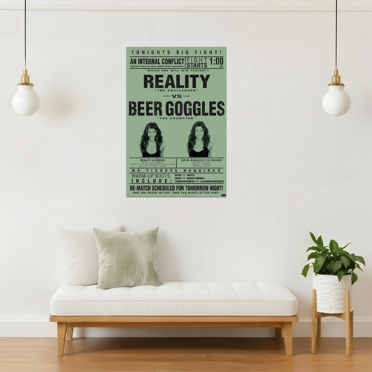 Reality Vs. Beer Goggles Poster | Funny College Humor | Man Cave Wall Art