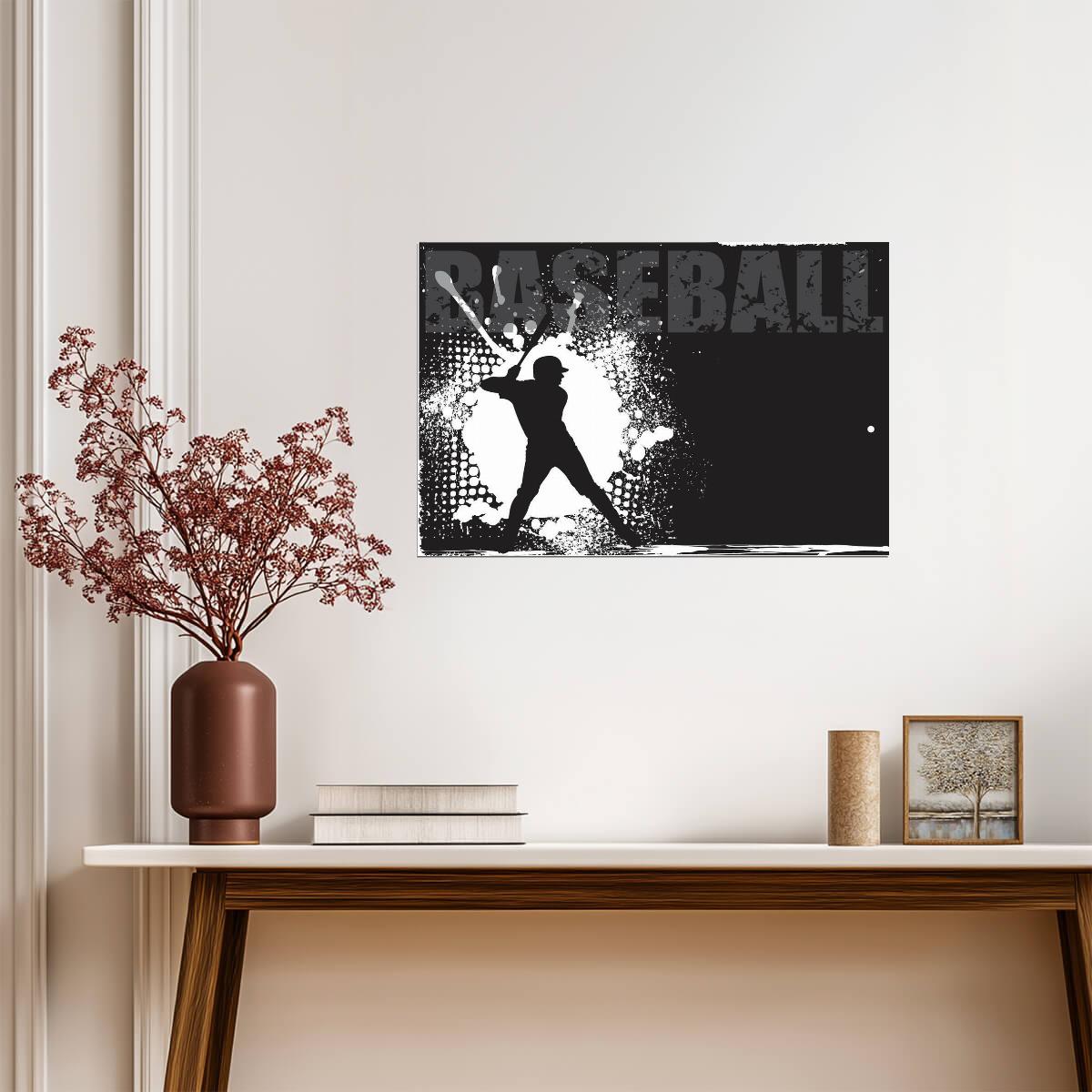 Baseball Batter Silhouette | Grunge Style Sports Art | Black and White Poster - Sports Poster