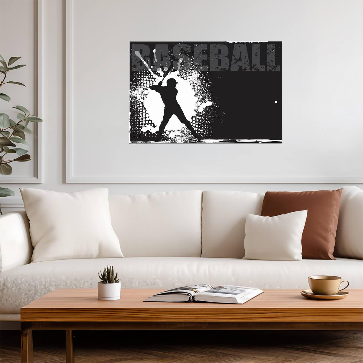 Baseball Batter Silhouette | Grunge Style Sports Art | Black and White Poster - Sports Poster