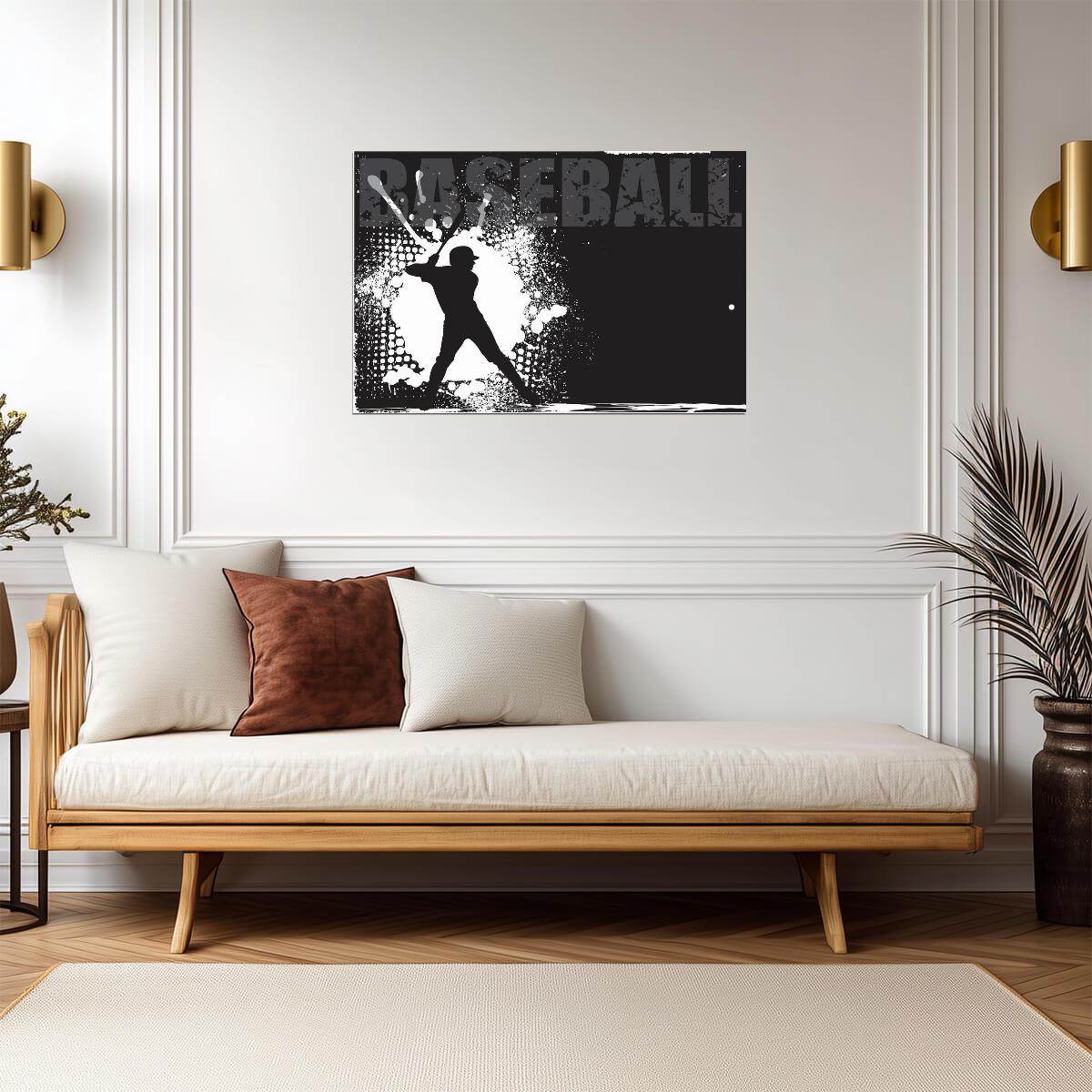 Baseball Batter Silhouette | Grunge Style Sports Art | Black and White Poster - Sports Poster