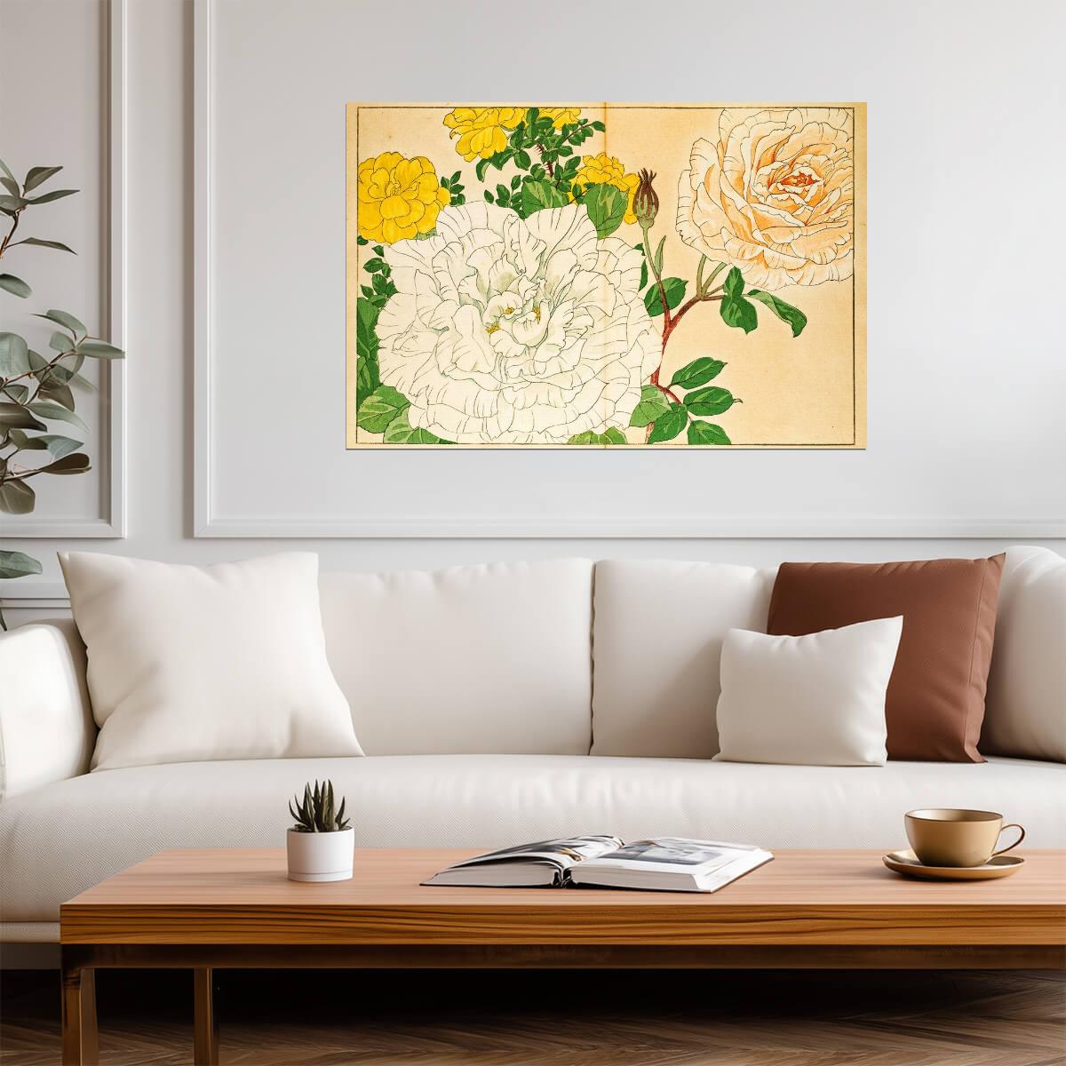 Japanese Woodblock Roses | Floral Art Print | Ukiyo-e Style Botanical Poster