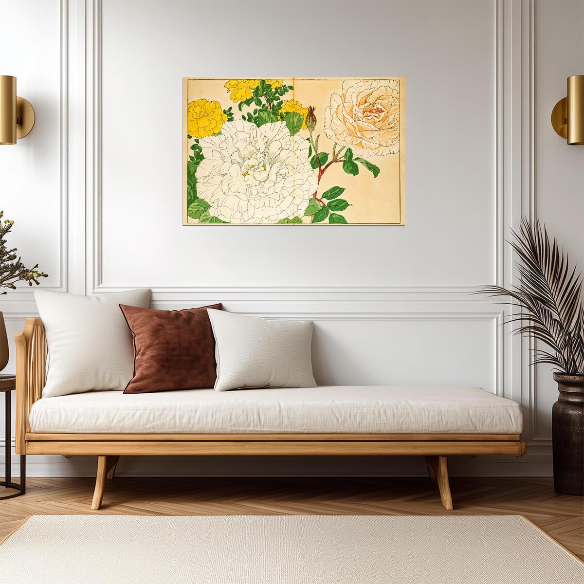 Japanese Woodblock Roses | Floral Art Print | Ukiyo-e Style Botanical Poster