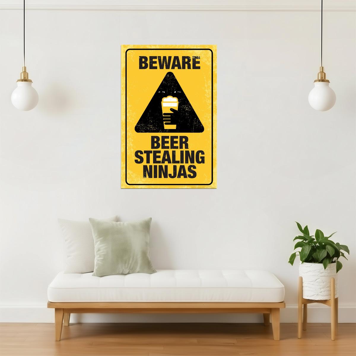 Beware Beer Stealing Ninjas Poster | Funny Warning Sign | Man Cave Decor