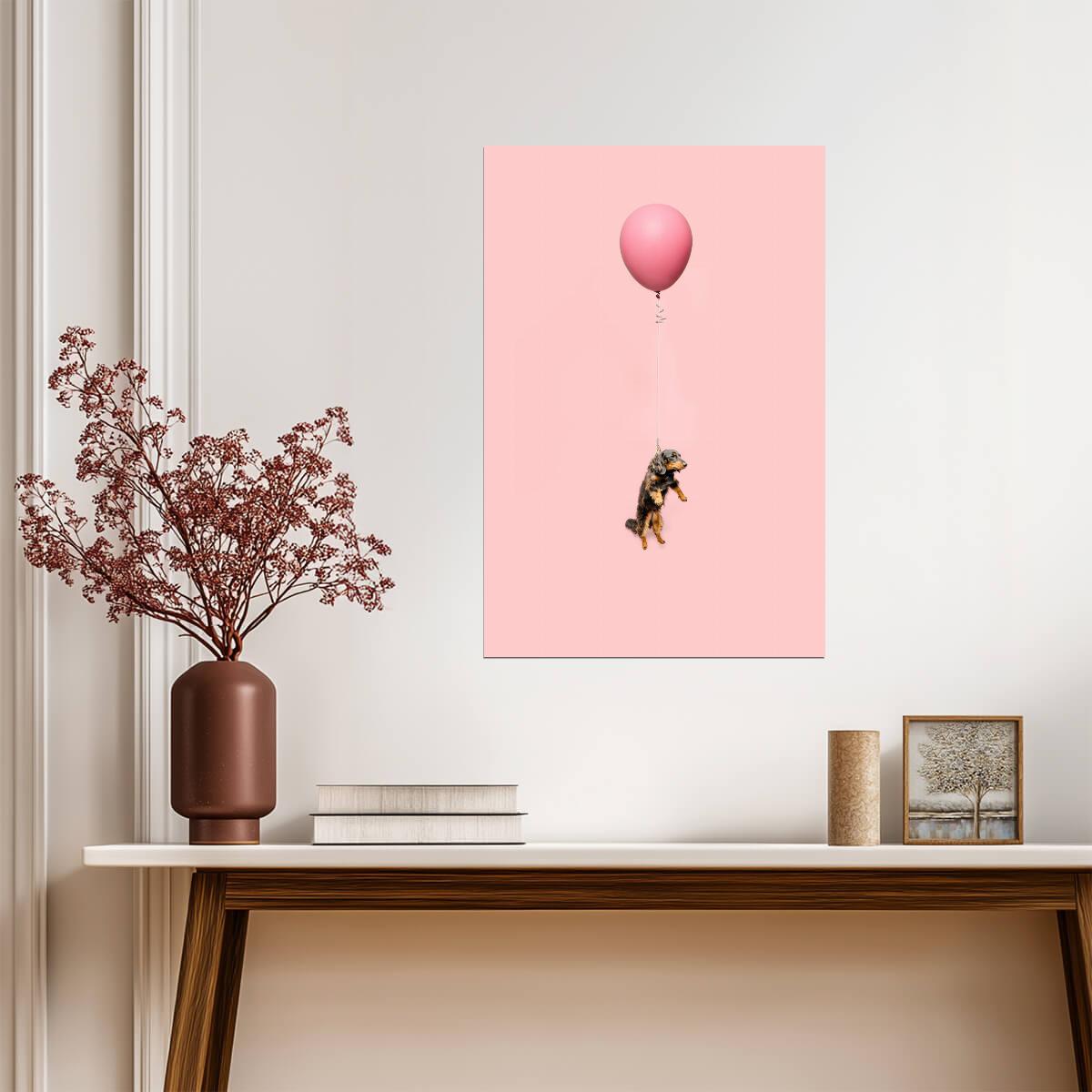 Cute Dog Tied to a Balloon and Floating | Surreal Photography Art | Whimsical Pet Poster - Photography Poster