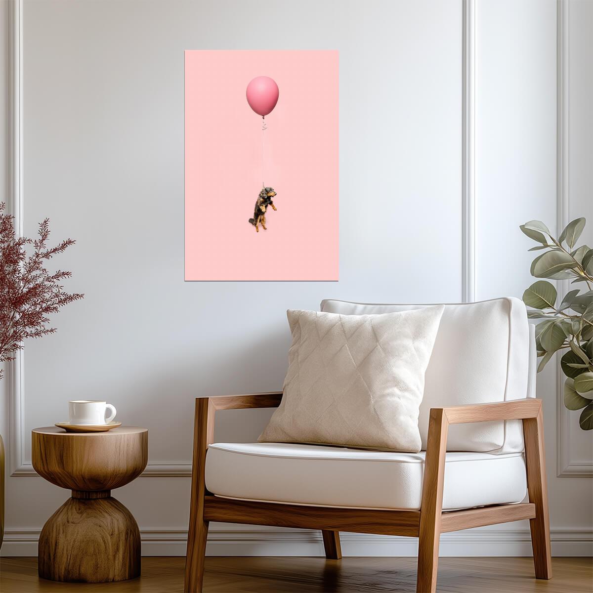 Cute Dog Tied to a Balloon and Floating | Surreal Photography Art | Whimsical Pet Poster - Photography Poster