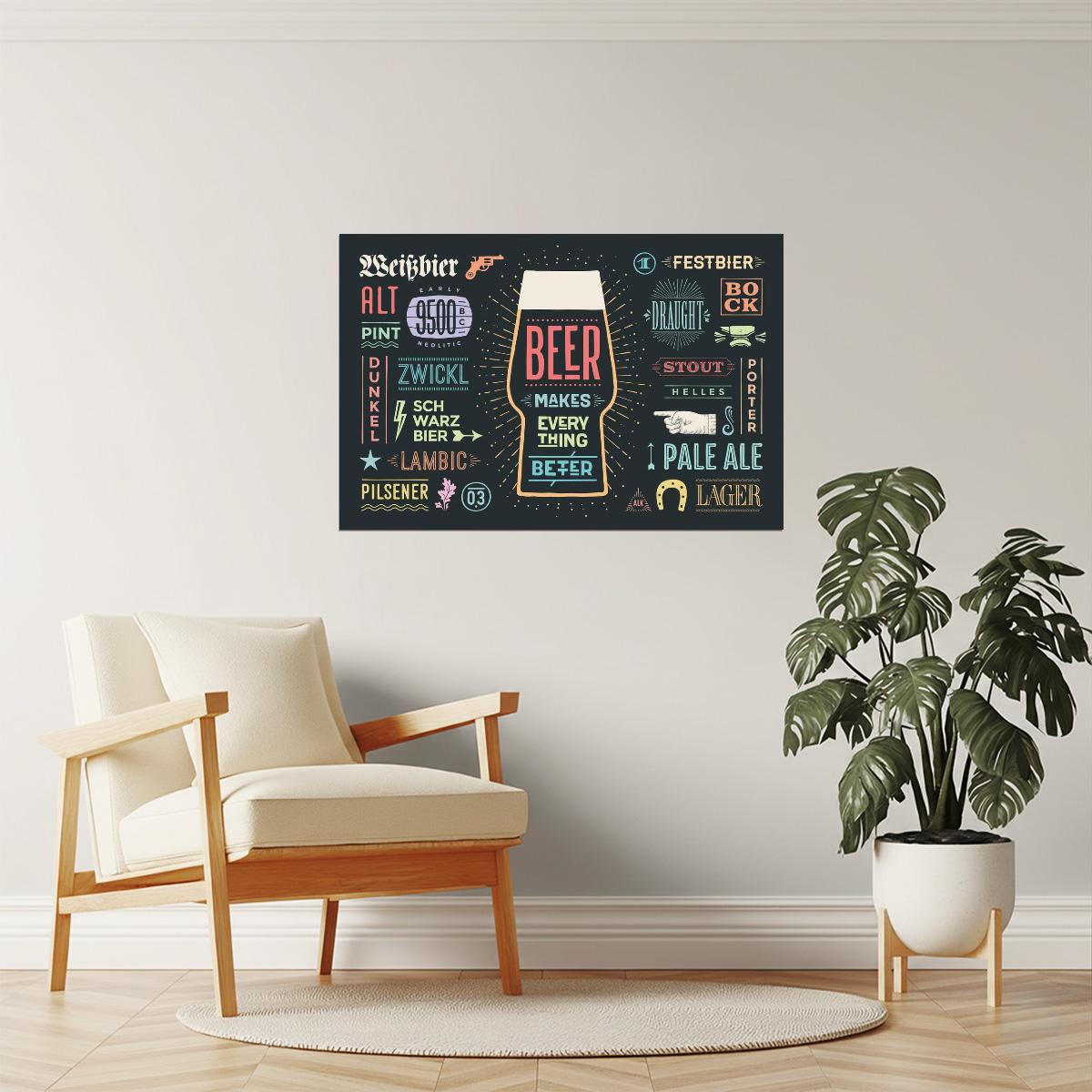 Beer Makes Everything Better Poster | Funny Quote Sign | Man Cave Wall Art