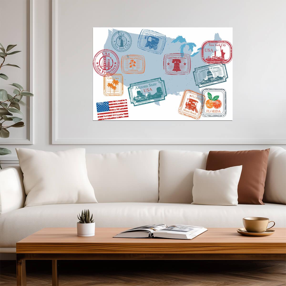 USA Retro Passport Stamps | Vintage Travel Collage | American Wall Poster