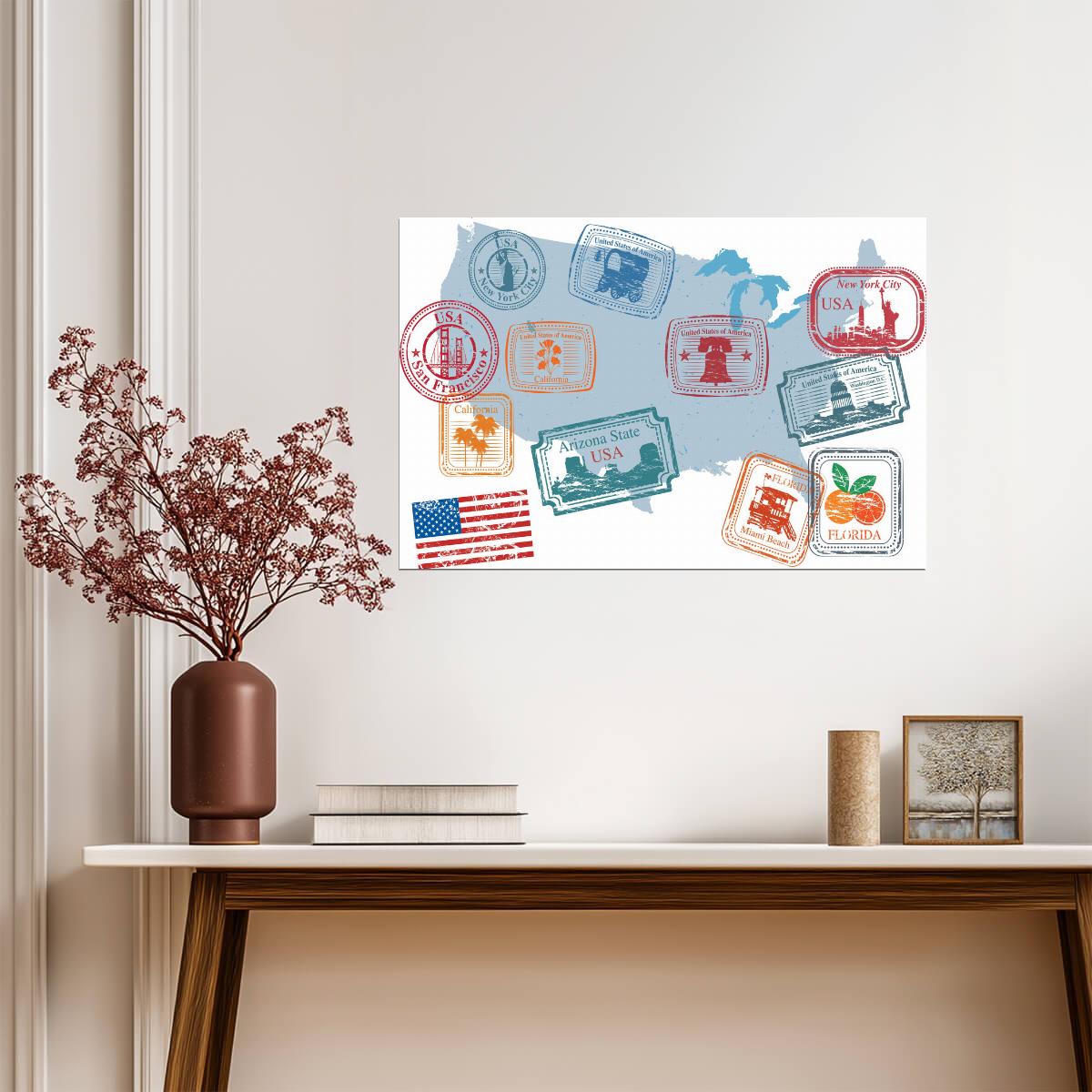 USA Retro Passport Stamps | Vintage Travel Collage | American Wall Poster