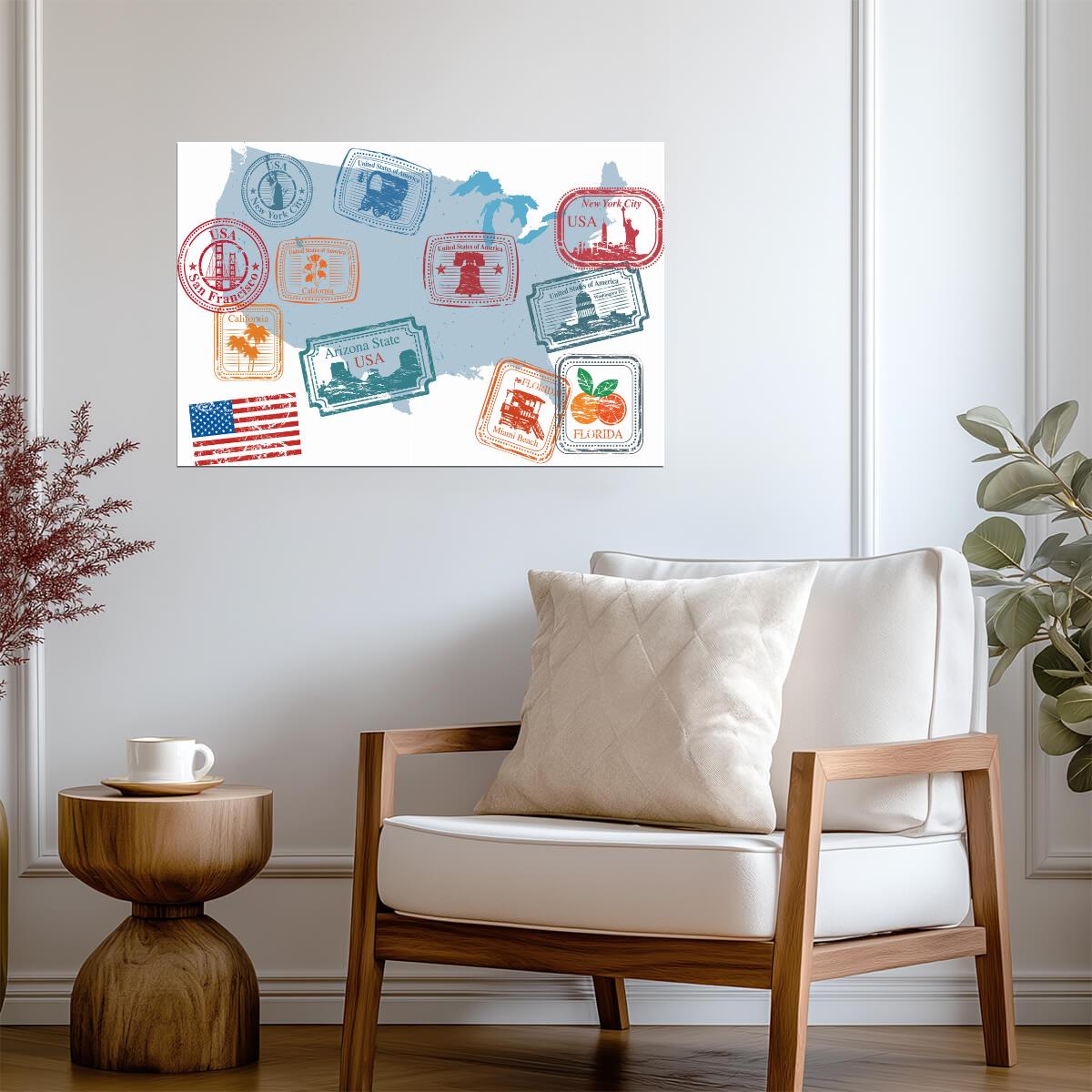 USA Retro Passport Stamps | Vintage Travel Collage | American Wall Poster