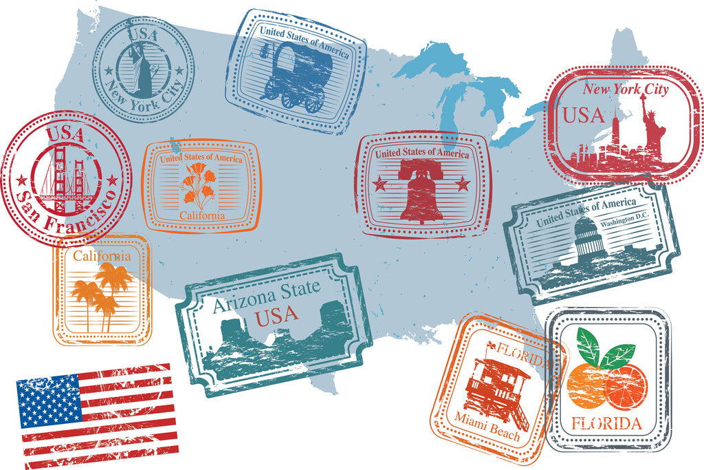 USA Retro Passport Stamps | Vintage Travel Collage | American Wall Poster