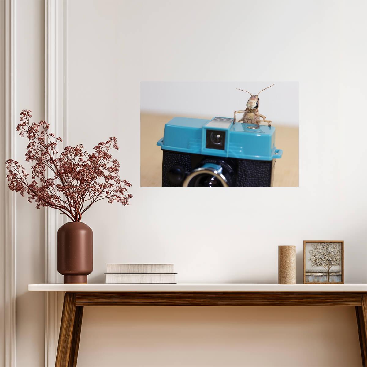 Grasshopper on a Vintage Toy Camera | Surreal Macro Photography | Funny Animal Photographer Poster - Photography Poster