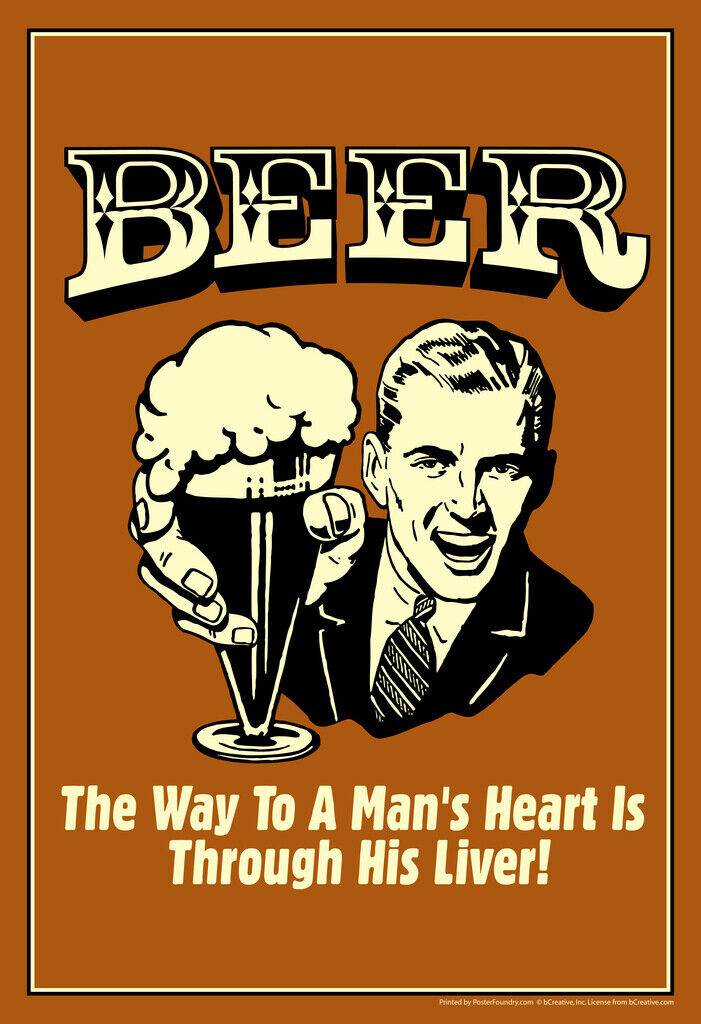 The Way To A Man's Heart Beer Poster | Funny Retro Humor | Man Cave Decor