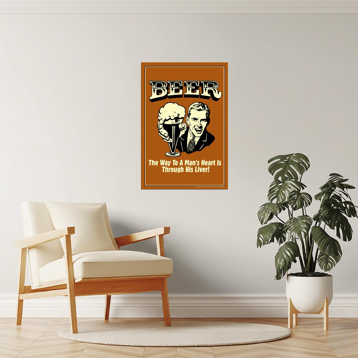 The Way To A Man's Heart Beer Poster | Funny Retro Humor | Man Cave Decor