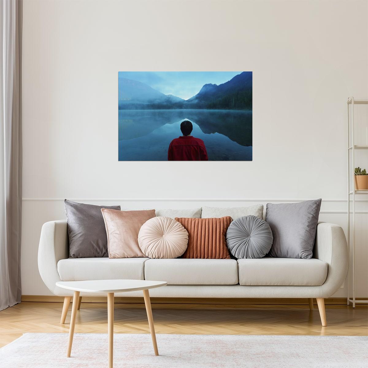 Man by Foggy Lake Poster | Moody Landscape Photography | Nature Wall Art