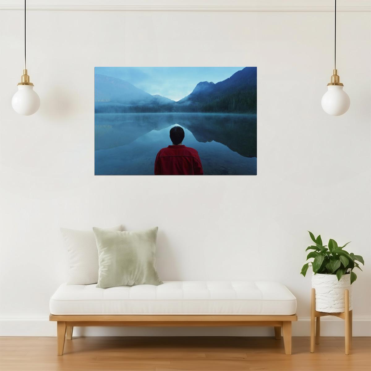 Man by Foggy Lake Poster | Moody Landscape Photography | Nature Wall Art