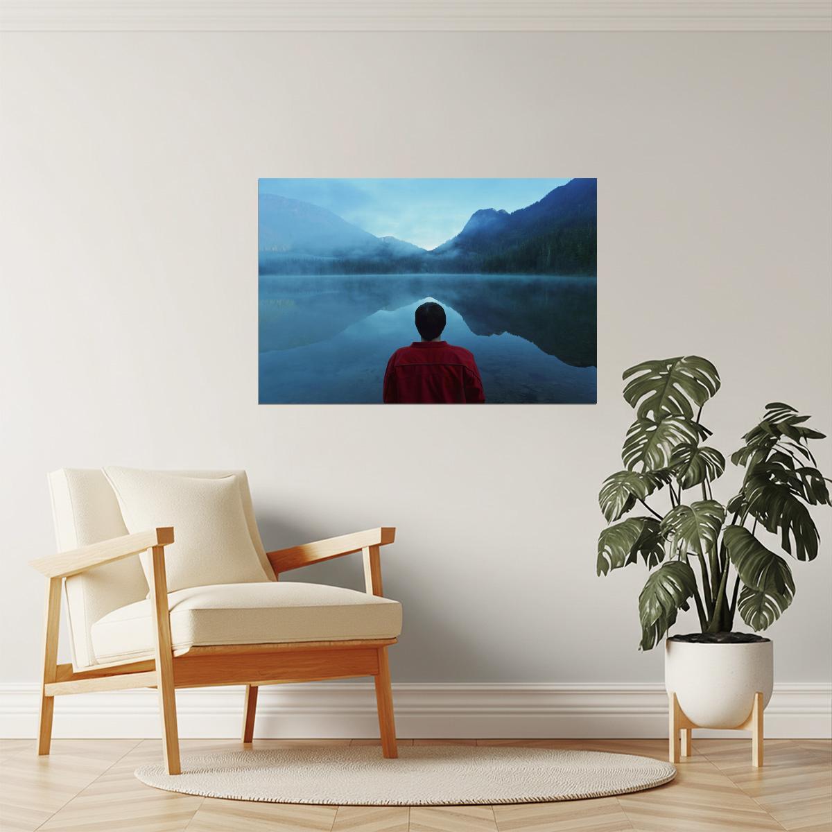 Man by Foggy Lake Poster | Moody Landscape Photography | Nature Wall Art