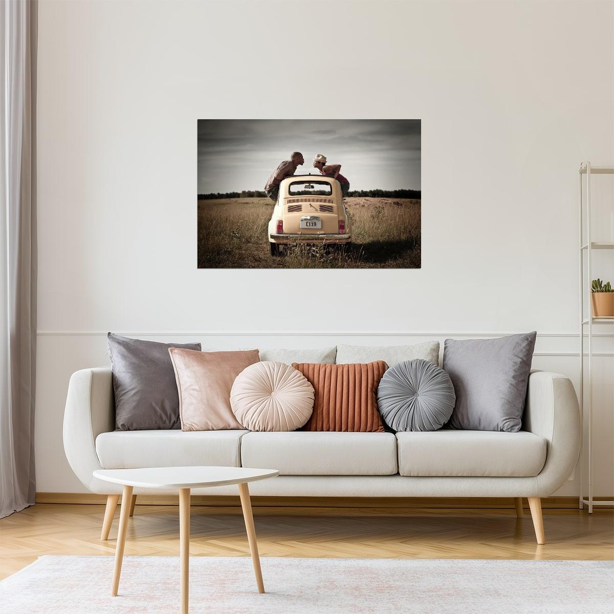 Couple Kissing in Car Window Poster | Romantic Photography | Vintage Wall Art
